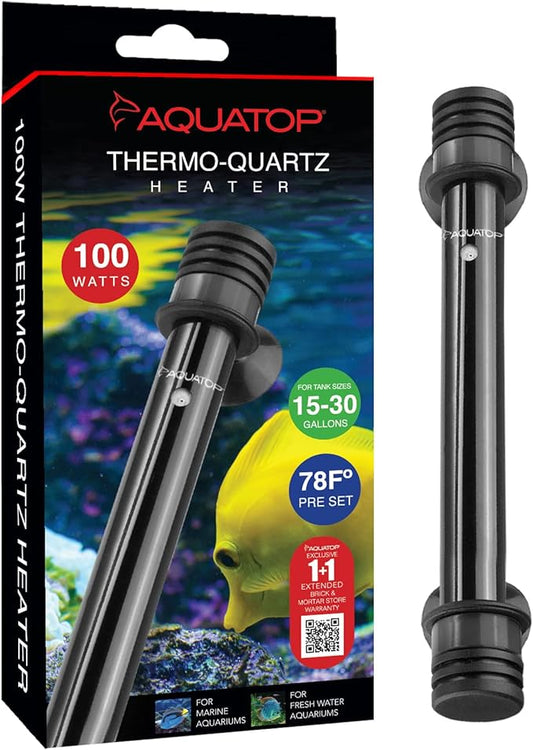 Aquatop 100W Thermo-Quartz Electronic Heater - Fully Submersible for Fish Tanks Up to 30 Gallons, Preset 78F Electric Thermostat, Fresh & Saltwater Use, Aquarium Heaters, TQ-100W