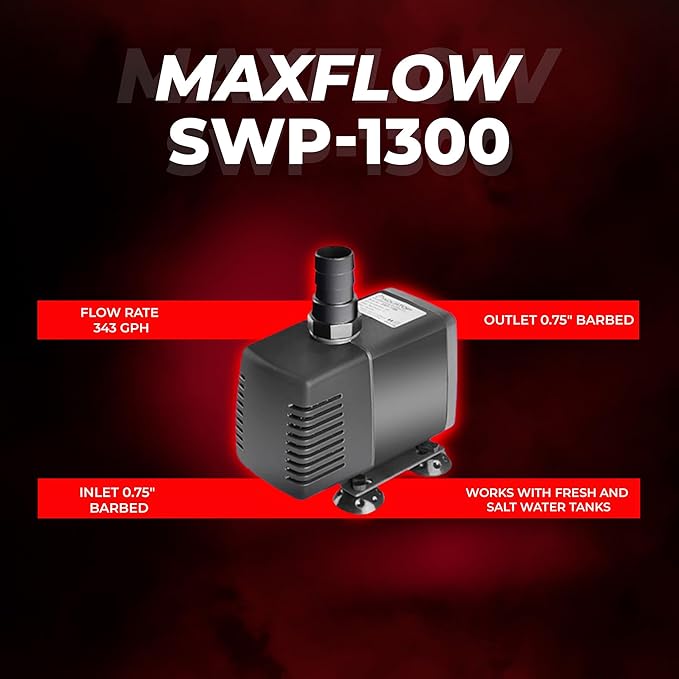 Aquatop MaxFlow Submersible Pump 343 GPH – Adjustable Flow for Aquariums, Sumps, Statuary – Efficient Water Circulation, SWP-1300 – Easy to Install