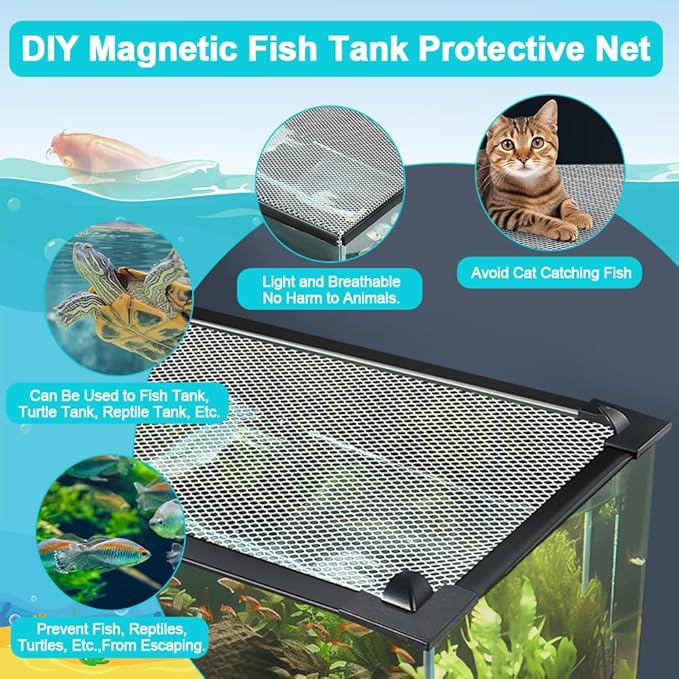 Magnetic Aquarium Cover Lid, DIY Fish Tank lid Anti-Jumping net Cover mesh Terrarium lid Aquarium Hood，Adjustable Size Fit Tank Size Max 35''X19''