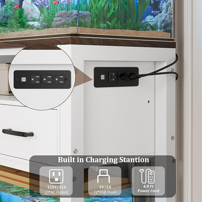 EOSVALO 20-29 Gallon Aquarium Stand with Stable Metal Frame & Power Outlet, Heavy-Duty Fish Tank Stand with Waterproof Mat, 550LBS Capacity Storage Cabinet, White+Brown