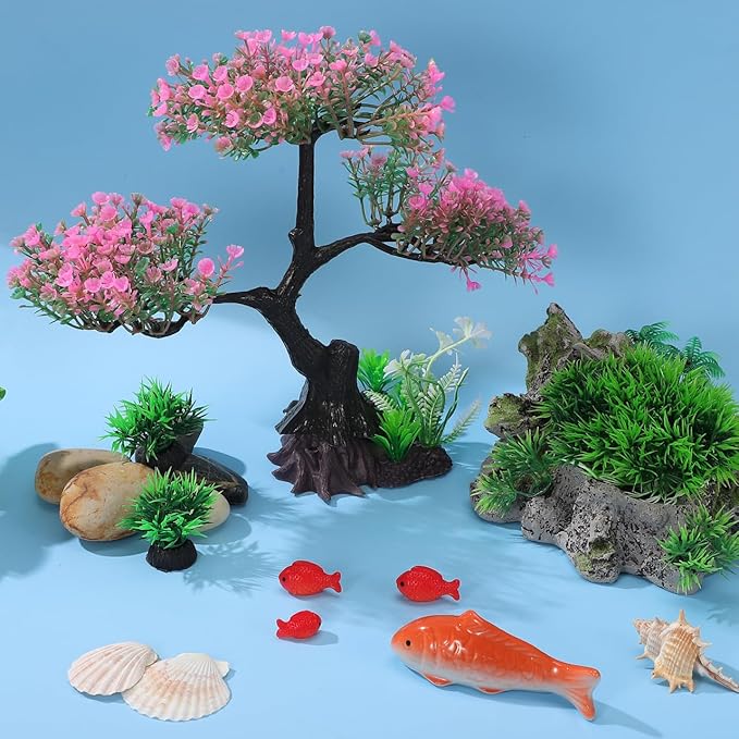 Kisangel Artificial Aquascaping Plants Kit, Pink Bonsai Tree Fake Plastic Ornaments, Japanese Style Décor for Fish, Turtle & Axolotl Habitats, 11.4" x 9.4"