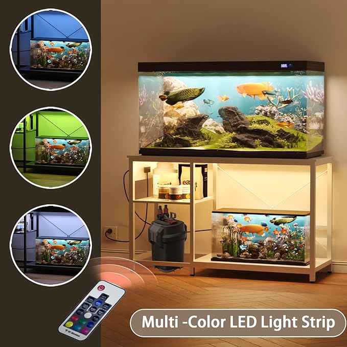 BEURUKU 55-75 Gallon Fish Tank Stand with Power Outlet & LED Light, Metal Aquarium Stand with 3 Tier Adjustable Storage Shelves, Tank Stand for Reptile Tank, Turtle Tank, 52" L*19.5" W, White