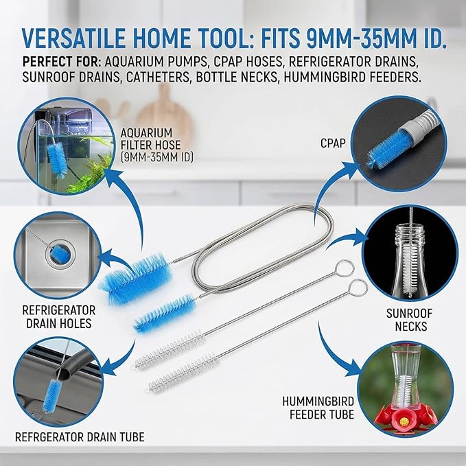 3-Piece Tube Cleaning Brush Kit, 59" Double-Ended Flexible Aquarium Filter Hose Brush with 2 x 8 Straw Cleaner Brushes, 304 Stainless Steel & Nylon Pipe Cleaner for Fish Tank, Kitchen & Home Brewing