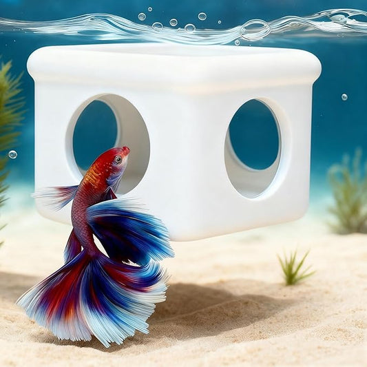 White Floating Betta Hideout with Round Side Holes – 3D Floating Breeding Box & Resting Cave with Window – Feeding Platform, Fish Shelter & Hammock for Betta, Guppies, Nano Tanks & Small Aquariums