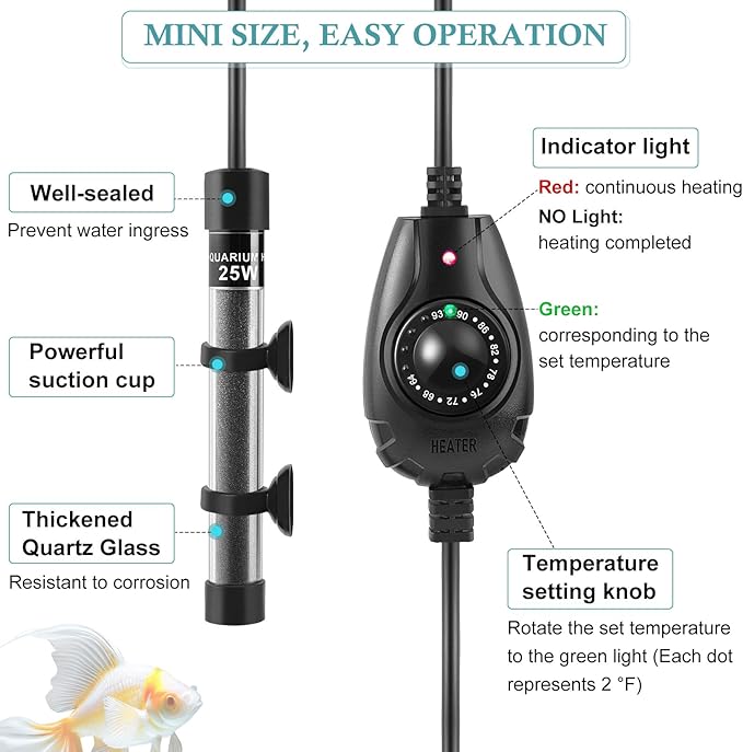 HITOP 35W Super Mini Aquarium Heater: Adjustable Heater for Small Fish Tank 4-10Gallons, with External Controller, Betta Heater for Fish Bowls(35W)