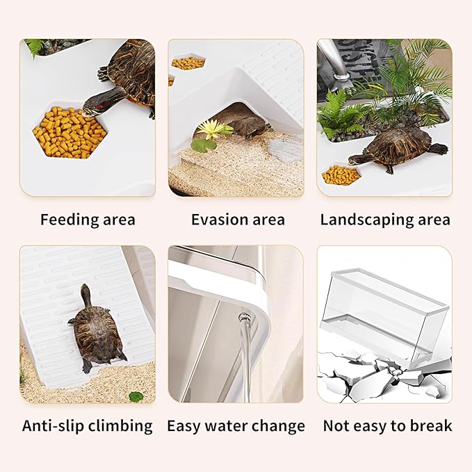 Turtle Fish Tank with Basking Platform and Bottom Drainage, 11.8" x 7" x 7.3" Aquatic Turtle Tank for Juvenile Turtle, Crayfish, Crabs, Amphibians, Reptiles, PC Material, White Color