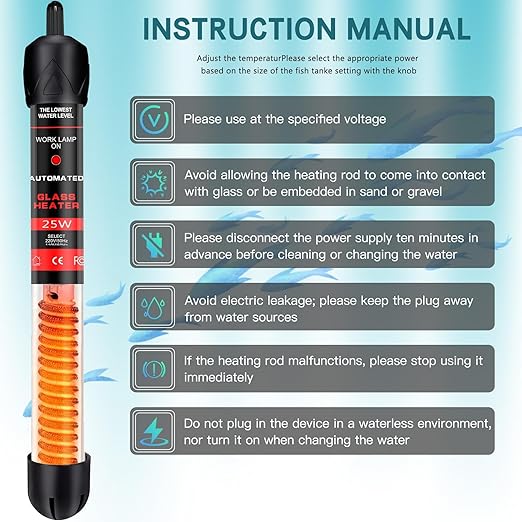 Adjustable Aquarium Heater Aquarium Heater,Submersible Adjustable Fish Tank Heater 25W,Rotatable and Adjustable Temperature Control, Used for 8 Gallon