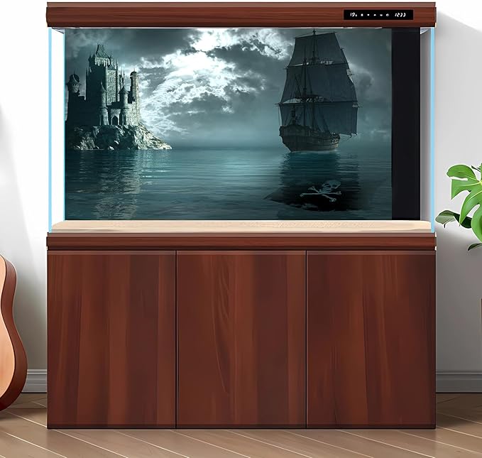 Pirate Ship Aquarium Background Night Gothic Castle Scenery Fish Tank Background Cloudy Vintage Black Pirate Ship Futuristic Ocean Night Landscape Terrarium Backgrounds for Home Tank Decors 24x12in