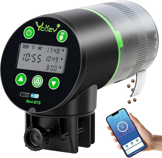 Ycozy WiFi Automatic Fish Feeder for Aquarium with Remote APP Control, Plug Powered, with Plug & USB-C Cable Vacation Auto Fish Food Dispenser for Small Tank/Betta/Turtle