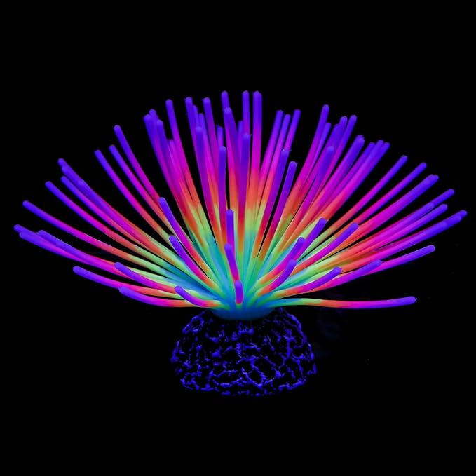 Uniclife Aquarium Imitative Rainbow Sea Urchin Ball and Pink Strip Coral Plant Ornament Artificial Silicone Ornament with Glowing Effect for Fish Tank Landscape Decoration