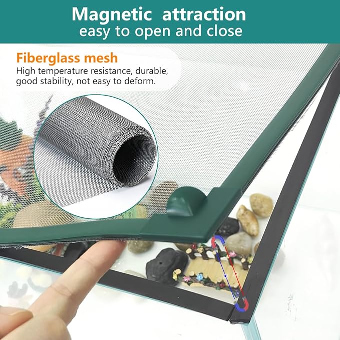 Magnetic Fish Tank Cover Green Frame Grey Fiberglass Mesh, DIY Fish Tank Lid Aquarium Lid for Preventing Fish from Jumping Out and Reptile Escaping Adjustable Size Fit Tank Size Max 35''X19''