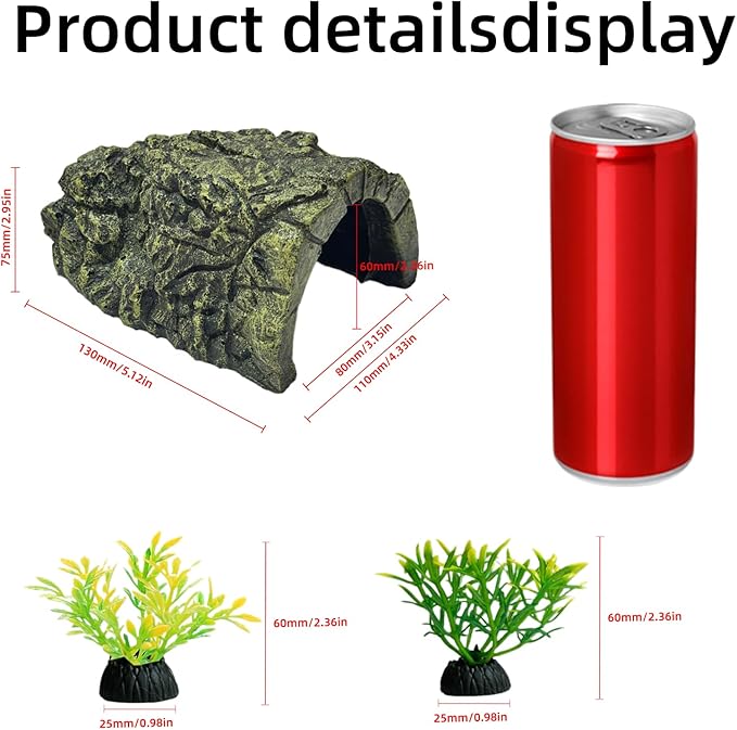 Axolotl Tank Accessories, Aquarium Decor Set with 1 Resin Simulation Rock Cave Hideout and 2 Plastic Artificial Plants, Fish Tank Decorations, Axolotl Tank Decor
