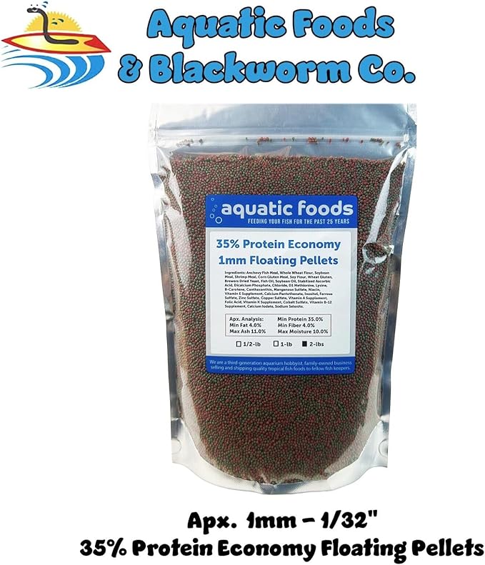 1mm - 1/32, 35% Protein Economy Floating Pellets for All Community Fish, Tetras, Guppies, Angel Fish, Cichlids, Goldfish. All Tropical Fish - WL…2-lbs Foil Pouch Bag