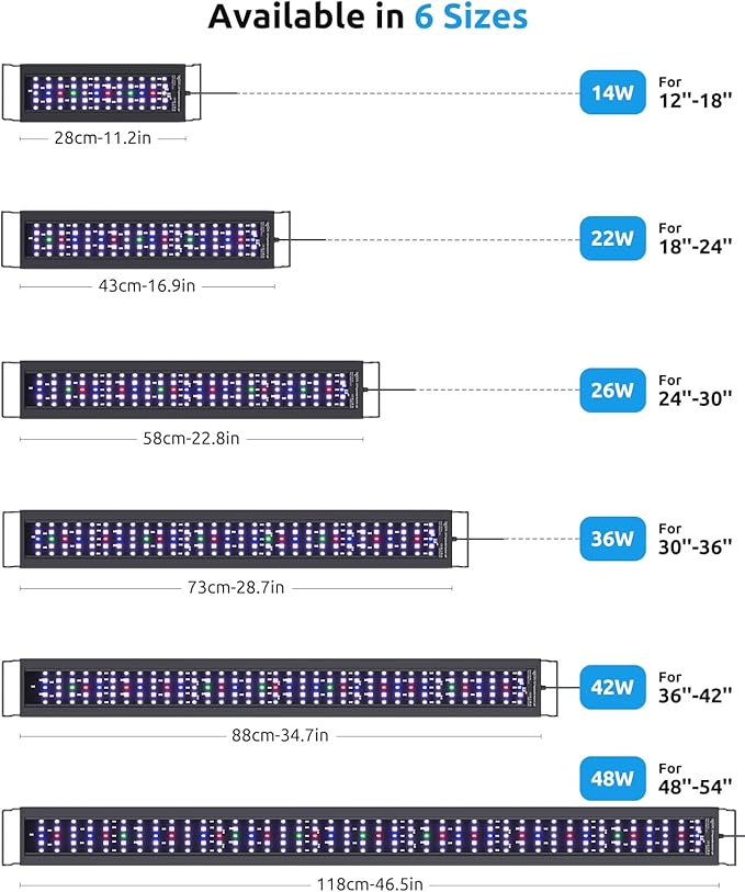 SEAOURA Aquarium LED Light with Thermometer, 12-18in Full Spectrum Lights for Fish Tank, 24/7 Programmable with Power Off Memory, WRGB Custom, 20 Level Dimmable Brightness for Freshwater Aquariums