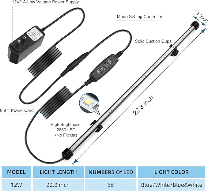 LED Submersible Aquarium Light 12W Underwater Fish Tank Light with Blue White&Blue and White Three Light Modes Timer Automatic On/Off and Dimmer Brightness Adjustable (22.8inch)