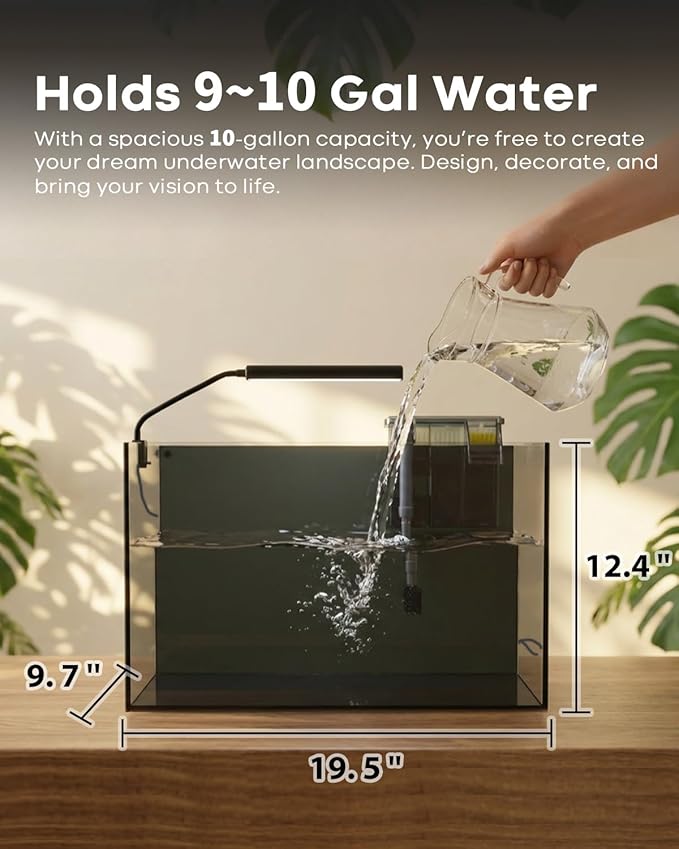 10 Gallon Aquarium Set Glass Fish Tank, Heater Self Cleaning System Filter with Media Bright Light Cleaning Tool, Leak-Proof Clear Rimless Betta Tropical Freshwater Fish