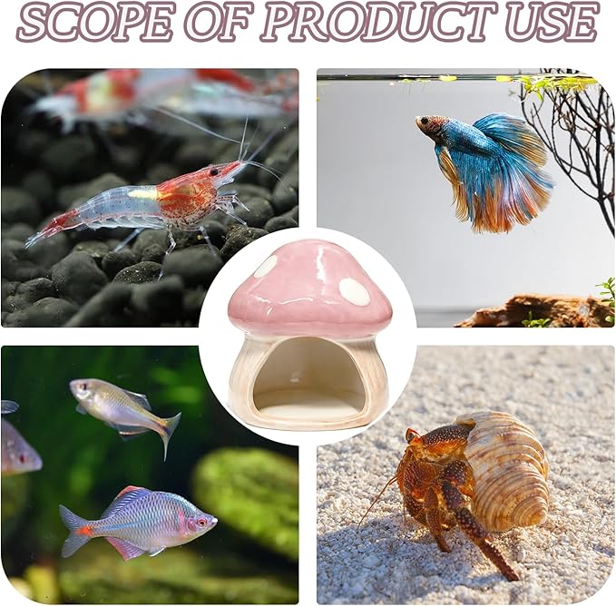 Betta Fish Tank Accessories, Ceramic Mushroom House Aquarium Decor - Cute Pink Hideout Cave Ornament for Small Fish, Shrimp, Goldfish, Hamsters & Reptiles (Pink)