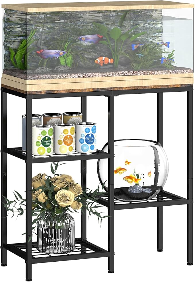 20 Gallon Aquarium Stand, 3 Tier Metal Fish Tank Stand with Shelves, Reptile Tank Stand for Accessories Storage, Turtle Terrarium Stand for Home Office,29.13" L x 12.2" W Tabletop, Brown