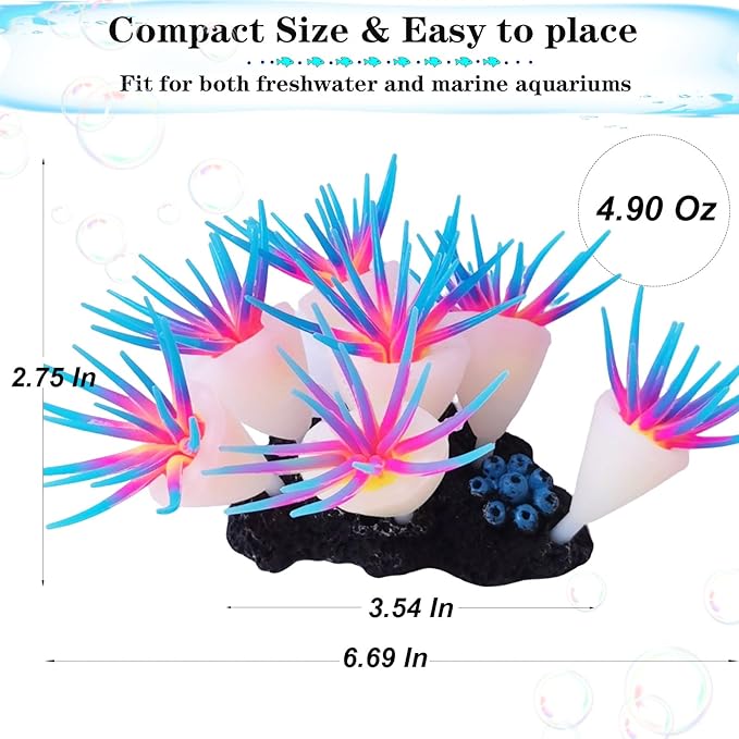 Silicone Glowing Effect Aquarium Fish Tank Decorations, Artificial Soft Anemone Coral Plants Ornaments for Aquarium Decor Landscape, Glow in Dark Fish Tank Accessories Decorations(Blue)
