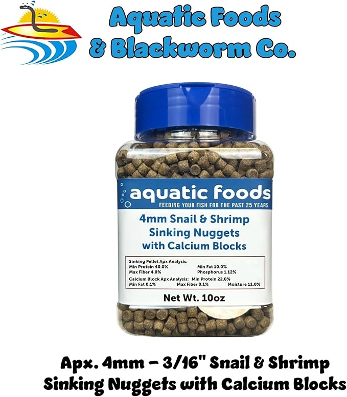 Calcium Blocks Included in Snail & Shrimp 4mm Sinking 40% Protein Nuggets. Ideal for All Snails, Shrimp and Bottom Tropical Fish…10oz Jar