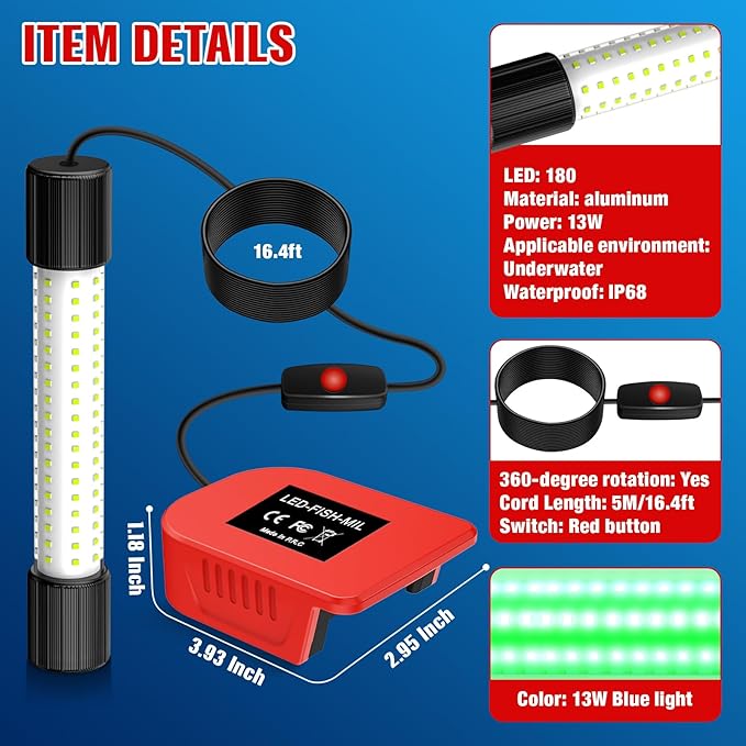 Underwater Fishing Green Light Compatible with Milwaukee M18 Battery,1300 Lumens, LED Light for IP68 Waterproof Submersible Fishing Light Attractants for Night Fishing, Docks, Boats, Kayaks