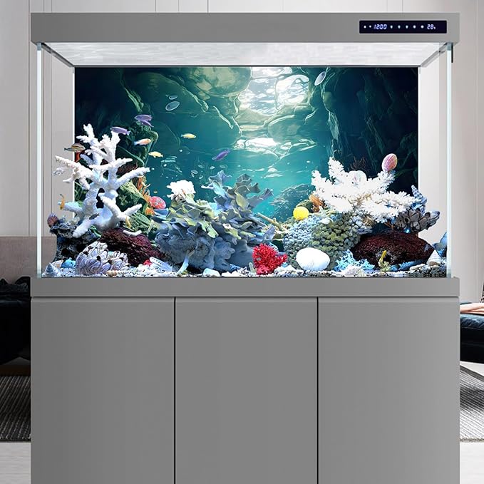 AWERT 30x18 inches Polyester Ocean Floor Fish Tank Background Underwater Coral Reef Stone Aquarium Background Seaweed Cave Sunlight Fish Tank Background