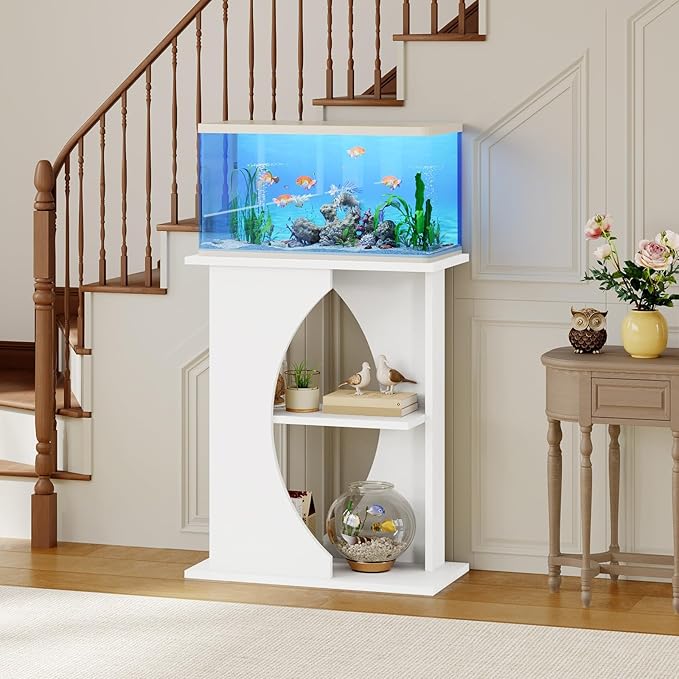 MAHANCRIS 10 Gallon Fish Tank Stand, Wooden Aquarium Stand with 3-Tier Storage Shelves, Heavy Duty Turtle Reptile Terrarium Tank Stand for Home Office, 23.6" L x 11.8" W x 29.9" H, White FTWT7601