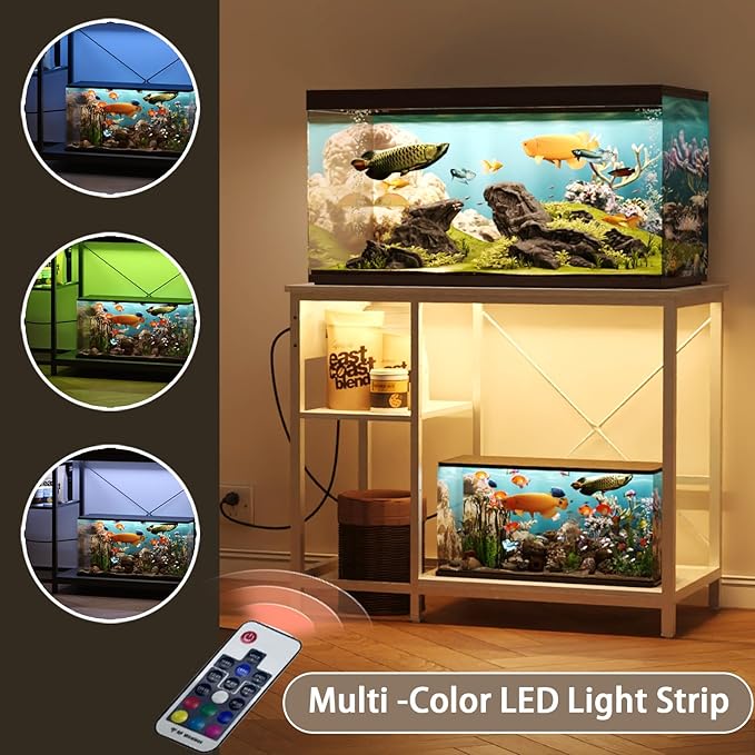 BEURUKU 40-50 Gallon Fish Tank Stand With Power Outlet & LED Light, Metal Aquarium Stand, 3 Tier Adjustable Storage Shelves for Reptile, Turtle, 36" L*18.5" W, White