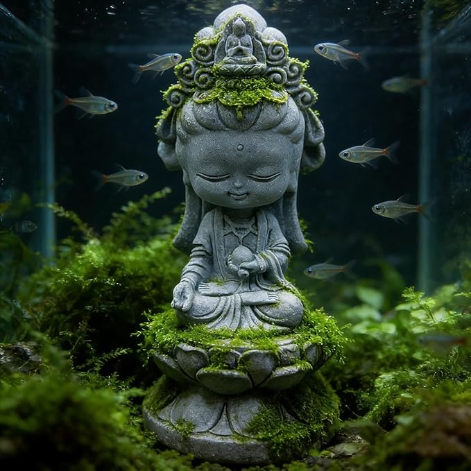 livelyfish Small Guanyin Buddha Statue Quanyin Figurine Sandstone Decorative for Fish Tank Aquarium Decor, (Gray)