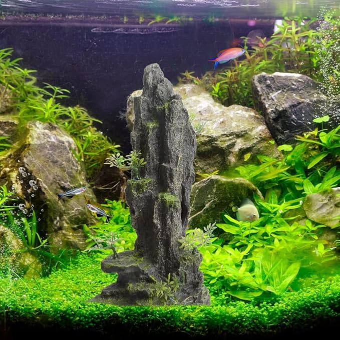 Tall Aquarium Decor 14.4inch, Cool Large Fish Tank Decorations Accessories, Resin Mountain View Aquarium Ornament with Tree Hideout Cave, for Betta Goldfish Shrimp Guppy Cichlid Play Rest