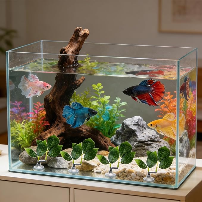 4 Pcs Fish Leaf Pad, Betta Leaf Hammock Adjustable Plastic Plants with Suction Cup Aquarium Decor Fish Tank Accessories Simulating The Natural Habitat for Betta Spawning Grounds Breeding Resting Bed