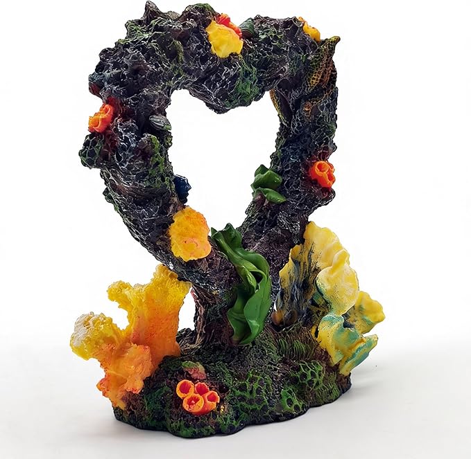 Heart Shaped Aquarium Coral Ornament, Resin Fish Tank Decoration with Realistic Coral & Moss, Safe for Freshwater/Saltwater Aquariums, Aquascaping Hideout for Small Fish and Shrimp