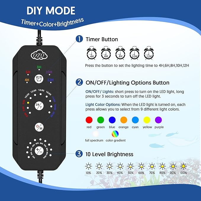 QZQ LED Aquarium Light, 16W Fish Tank Light with 24/7 Lighting Mode, Timer, DIY Mode, Adjustable Brightness, Full Spectrum Aquarium Plant Light with Extendable Brackets for 10-16 Inch Fish Tank