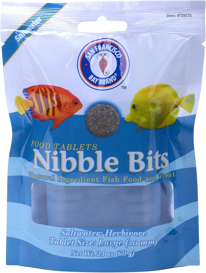 San Francisco Bay Brand Food Tablets Nibble Bits - All-Natural Fish Food for Saltwater Herbivore, Tangs, Rabbitfish, Angels, Clownfish, Parrotfish - 2.1 oz (60g), Large Tablets