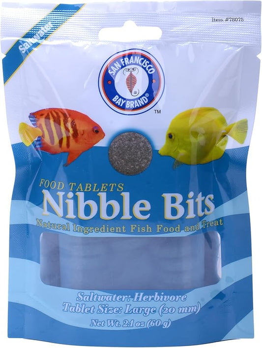 San Francisco Bay Brand Food Tablets Nibble Bits - All-Natural Fish Food for Saltwater Herbivore, Tangs, Rabbitfish, Angels, Clownfish, Parrotfish - 2.1 oz (60g), Large Tablets