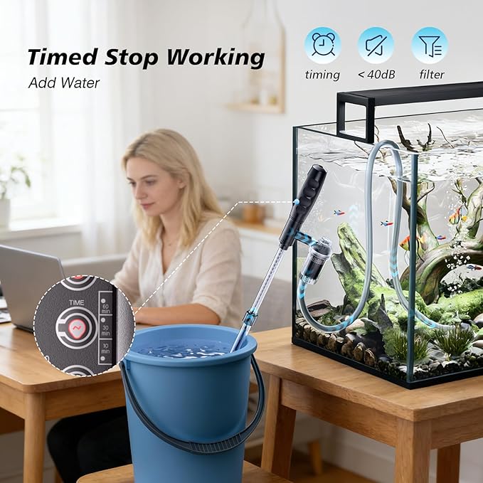 AKKEE Aquarium Vacuum Gravel Cleaner Handle Control, 8 in 1 Multifunctional 36W Electric Fish Tank Cleaner Vacuum for Automatic Water Change, Wash Sand, Water Circulation and Timed Off