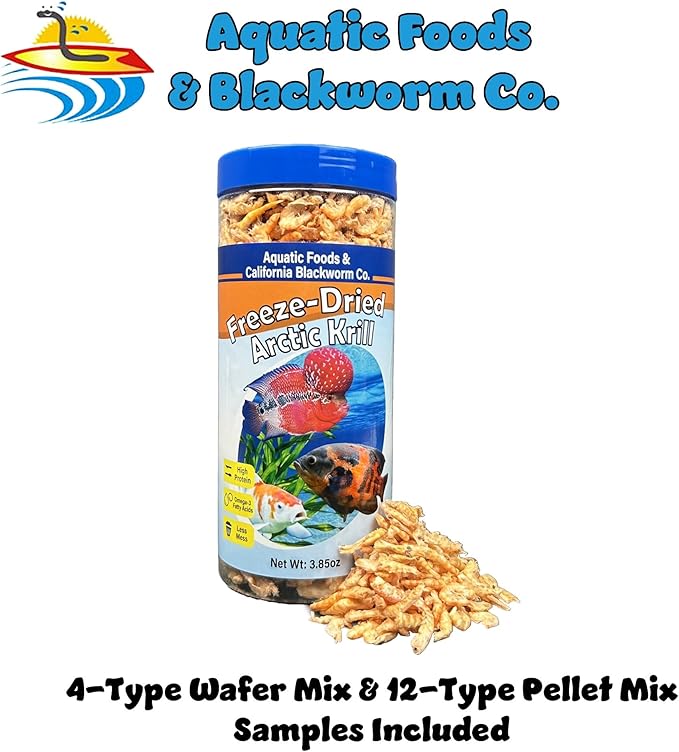 Arctic Krill, Freeze Dried Krill, High in Natural Color Enhancing for Large Cichlids, Tropical Fish, Koi, Turtles, 12-Type Pellet Mix & 4-Type Wafer Mix Included 3.85oz Canister