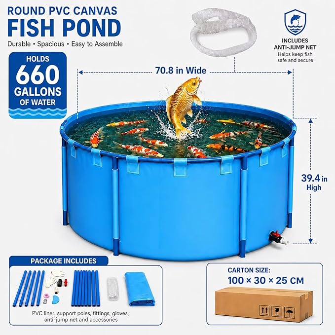 70.8 * 39.4 in Above Ground Pond(660 Gal) 0.9MM Thickened Round PVC Koi Fish Pond,Portable and Foldable Fishponds Suitable for Aquaculture and Agricultural Water Storage with Anti-Jump Net