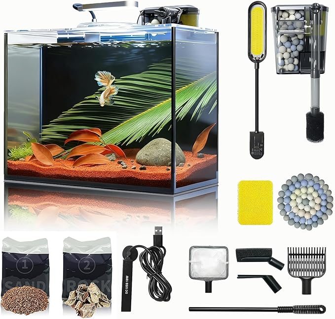 3 Gallon Small Fish Tank Glass Aquarium Set, Starter Kit with Heater Water Pump Cleaning Filter Bright Light Rocks Gravel Cleaning Tool, Leak-Proof Clear Rimless Desktop Spaces Saving Betta Fish