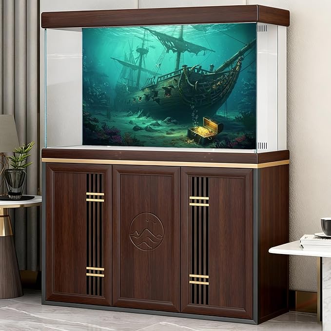 Sunken Pirate Ship Aquarium Background Deep Sea Ocean Floor Sand Corals Treasure Chest Fish Tank Background Broken Masts Tattered Sails Aquatic Plants Terrarium Backgrounds for Tank Decors 72x16in