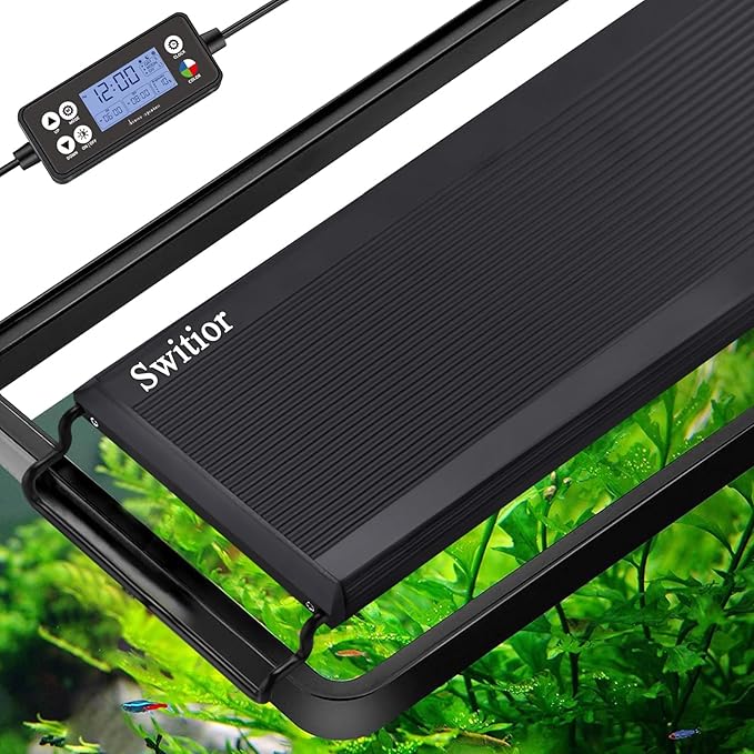 Auto On Off LED Aquarium Light, Full Spectrum Fish Tank Light with LCD Monitor, 24/7 Lighting Cycle, Adjustable Timer, 7 Colors, 10 Level Dimmable, IP68 Waterproof, 3 Modes for 12 to 18 Inch Fish Tank