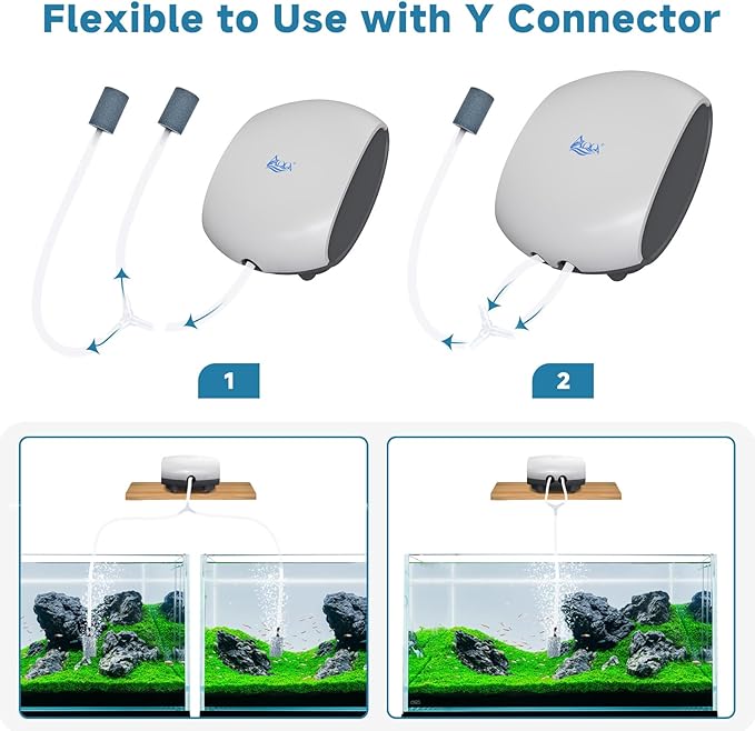 AQQA Air Pump Aquarium Quiet Oxygen Aerator Pump Dual Outlets Fish Tank Bubbler Pump with Air Tubes Air Stones & Check Valve (5W for Up to 160 Gal)