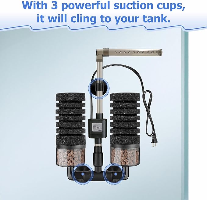 Aquarium Electric Sponge Filter with Submersible Water Pump Silence Motor for Shrimps,Bettas with Bio Ceramic Media Balls and 2 Spare Sponge,Venturi Nozzle and Rain Mode (S for 10-20 Gal)