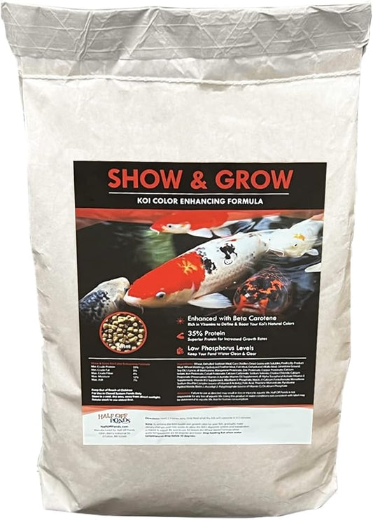HALF OFF PONDS Show & Grow Koi Fish Food - 10 lb Floating Pellets, 5mm Size - Goldfish Food for Ponds - 35% Protein with Beta Carotene & Vitamins - Enhances Color Vibrancy & Body Definition