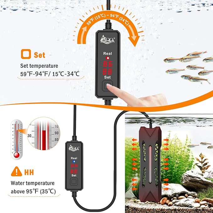 AQQA Small Aquarium Heater,Submersible Fish Tank Heater Adjustable Temperature,Mini Short Dual-use Fish Heater with LED Digital Display Thermostat,Saltwater Freshwater 150W
