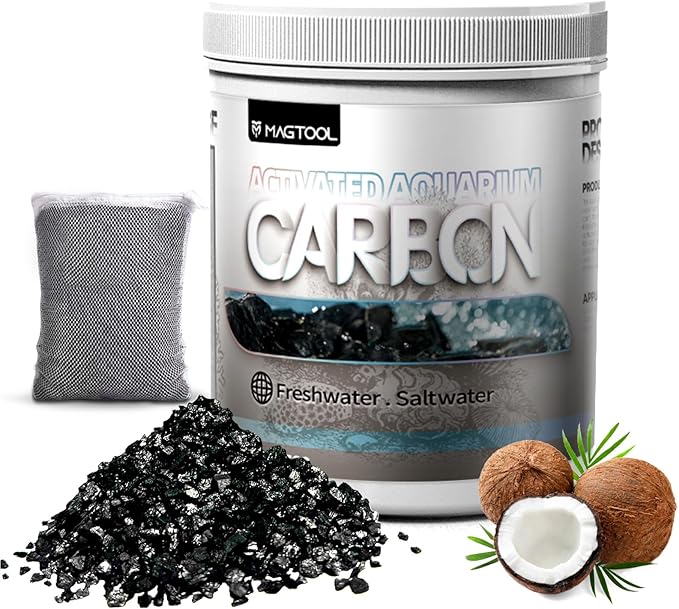 MagTool Aquarium Activated Carbon, Natural Coconut Shell Activated Charcoal for Freshwater, Planted, and Reef Tanks – Removes Odors, Discoloration & Impurities(1000ml with Fine Mesh Bag)