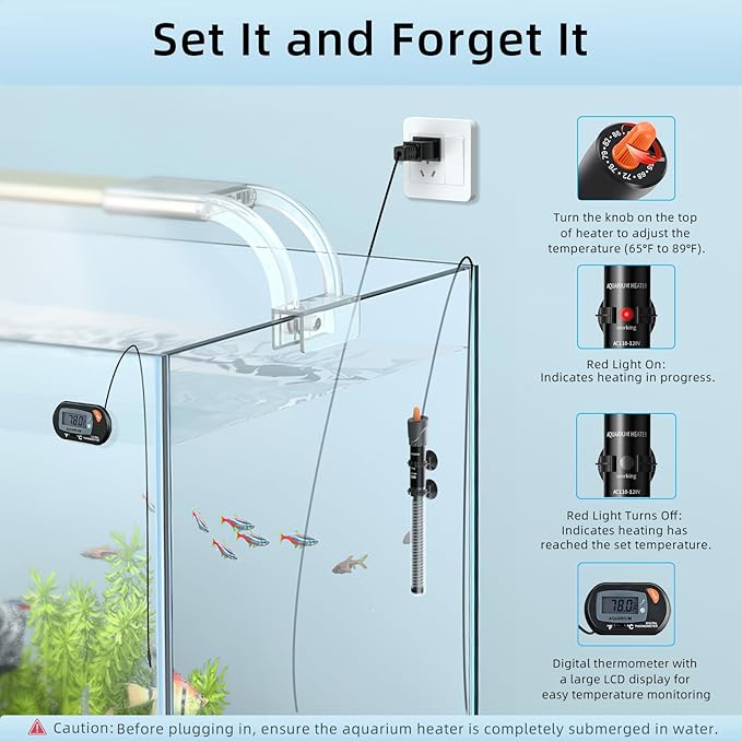 HiTauing Aquarium Heater 25W/50W/100W/200W/300W, Adjustable Knob Fish Tank Heater with Digital Thermometer, Submersible Betta/Turtle Tank Heater for Freshwater and Saltwater Tanks