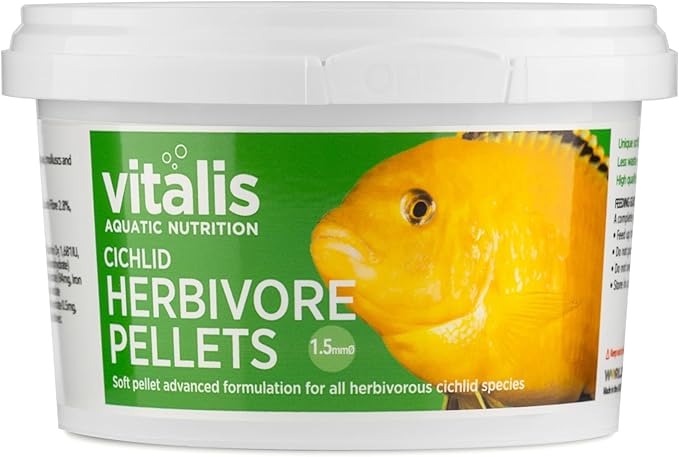 Vitalis Cichlid Herbivore Pellets 1.5mm 140g (4.94 oz) Nutrient Rich Daily Fish Food for Herbivorous Cichlids Promotes Health Color & Natural Behavior