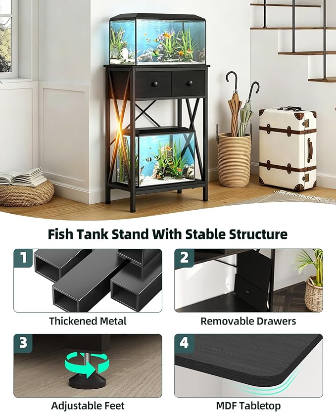 Fish Tank Stand for 5-10 Gallon Fish Tank: Aquarium Stand with Accessories - Metal 10 Gallon Tank Stand with Cabinet Drawer Storage for Turtle Tank, Reptile Terrarium (Black, 220LBS Capacity)