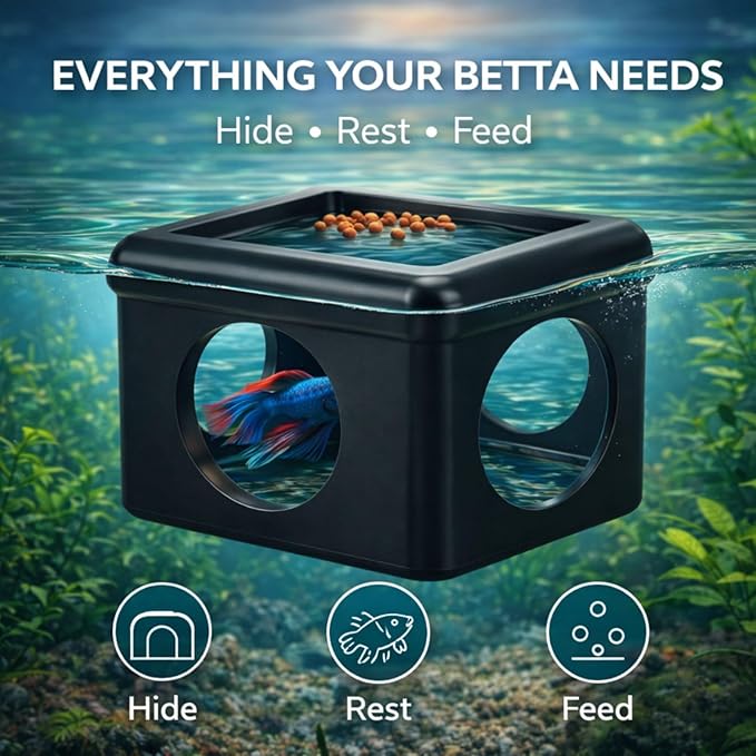 Black Floating Betta Fish Hideout with Round Holes & Window – Floating Cave Hammock, Feeding Platform & Resting Tunnel – Betta Fish Shelter for Nano Tanks, Bowls & Small Aquariums